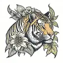 Half Bison face half tiger face with a tiger lily background tattoo design idea