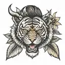 Half Bison face half tiger face with a tiger lily background tattoo design idea