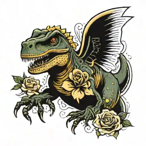 TRex with bees and roses  tattoo design idea