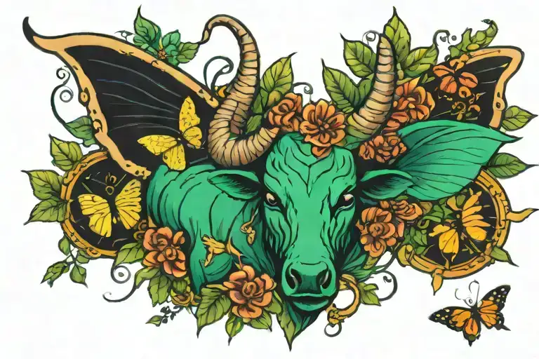 taurus zodiac sign , green , butterflies, and death tattoo design idea