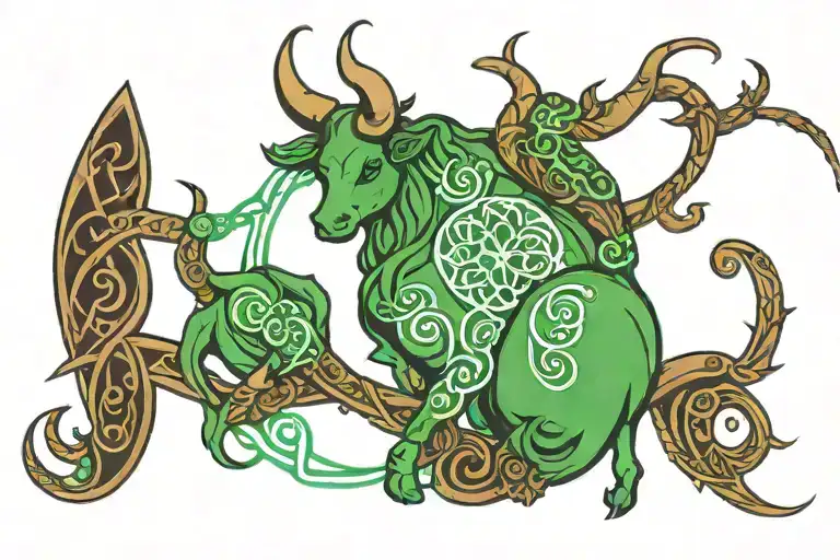 Green, fibromyalgia, taurus zodiac sign, survivor symbol intertwined tattoo design idea