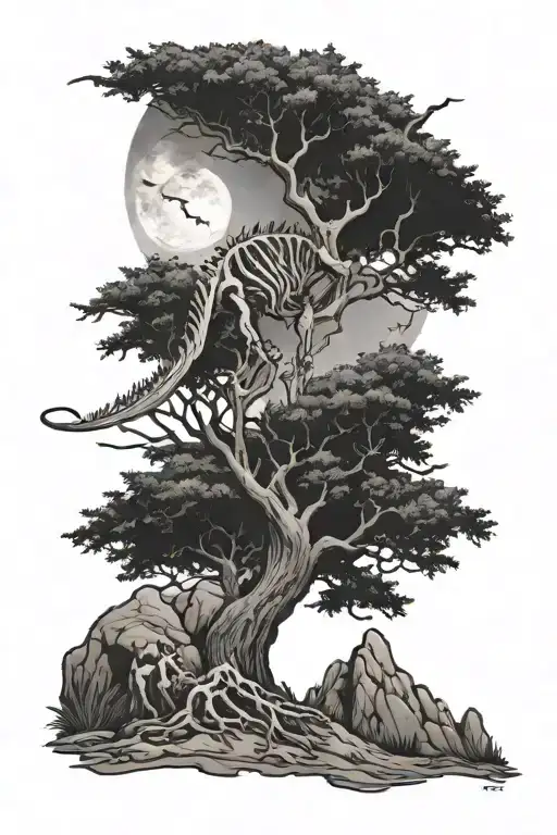 moutain moon tree dinosaur skeleton tattoo design idea
