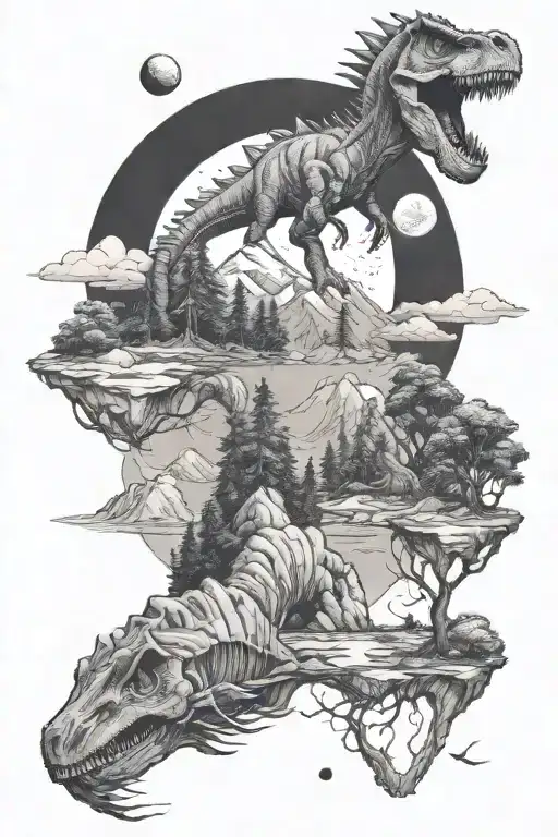 mountains, moon, planets, trees, water, dinosaur, trilobite tattoo design idea
