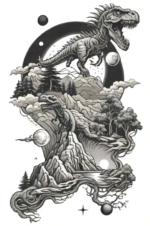 mountains, moon, planets, trees, water, dinosaur, trilobite tattoo design idea