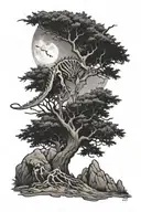 moutain moon tree dinosaur skeleton tattoo design idea