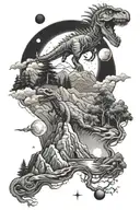 mountains, moon, planets, trees, water, dinosaur, trilobite tattoo design idea