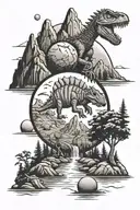 mountains, moon, planets, trees, water, dinosaur, trilobite tattoo design idea