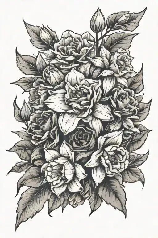 daffodil, violet, rose, poppy bouquet tattoo design idea