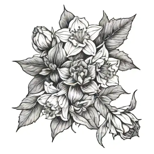 daffodil, violet, rose, poppy bouquet tattoo design idea