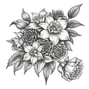 daffodil, violet, rose, poppy bouquet tattoo design idea