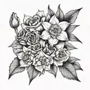 daffodil, violet, rose, poppy bouquet tattoo design idea