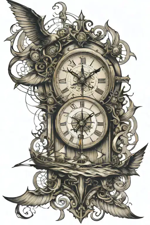 clock pointing 11:11 desing surounded by da Vinci pentagram and also imcorporate a sailing ship  tattoo design idea