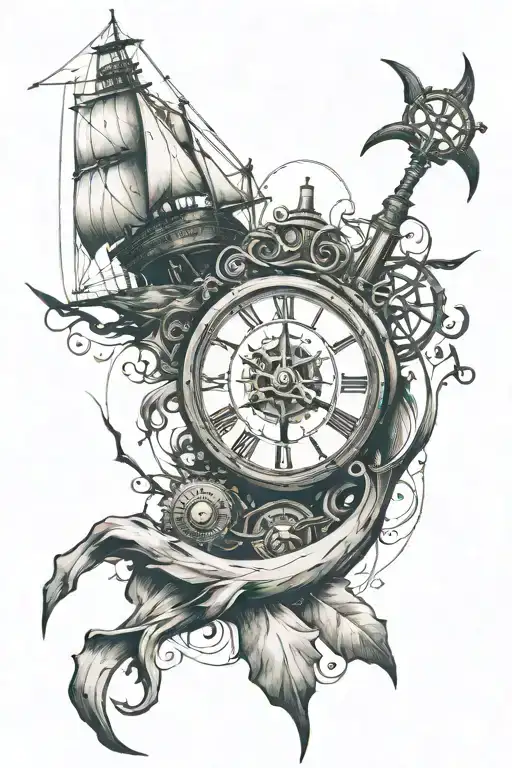 clock pointing 11:11 desing , combined with da vinccis pentagram and a ship saliling for a forearm desing  tattoo design idea