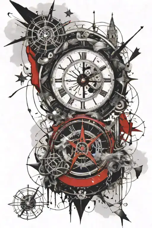 clock pointing 11:11 desing surounded by da Vinci pentagram and also imcorporate a sailing ship  tattoo design idea
