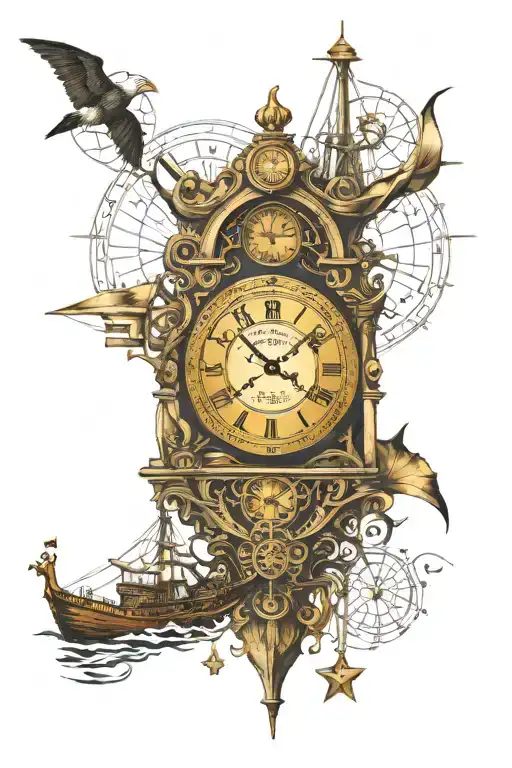 clock pointing 11:11 desing surounded by da Vinci pentagram and also imcorporate a sailing ship  tattoo design idea