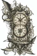clock pointing 11:11 desing surounded by da Vinci pentagram and also imcorporate a sailing ship  tattoo design idea