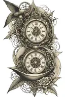 clock pointing 11:11 desing surounded by da Vinci pentagram and also imcorporate a sailing ship  tattoo design idea