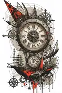 clock pointing 11:11 desing surounded by da Vinci pentagram and also imcorporate a sailing ship  tattoo design idea