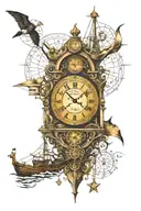 clock pointing 11:11 desing surounded by da Vinci pentagram and also imcorporate a sailing ship  tattoo design idea