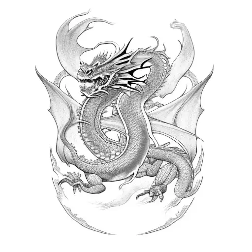 elegant dragon. full body. no wings. dark green. japanese traditional style. american traditional style.  tattoo design idea