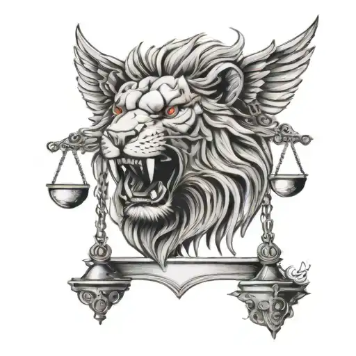 front facing Red lion with the scales of justice in his mouth tattoo design idea