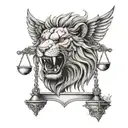 front facing Red lion with the scales of justice in his mouth tattoo design idea