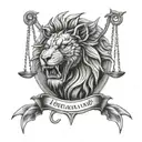 front facing Red lion with the scales of justice in his mouth tattoo design idea