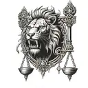 front facing Red lion with the scales of justice in his mouth tattoo design idea