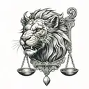 front facing Red lion with the scales of justice in his mouth tattoo design idea