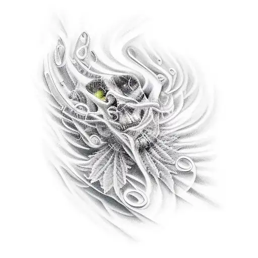 A realistic portrait of Russ or Rod Wave surrounded by musical notes and marijuana leaves tattoo design idea