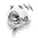 An intricate black-grey tattoo depicting a mother bird tenderly feeding her baby birds, symbolizing the client's role as a loving mother and teacher. tattoo design idea