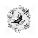 A majestic blackwork tattoo of a soaring bird surrounded by delicate butterflies, symbolizing freedom and transformation, with the word 'família' elegantly incorporated into the design. tattoo design idea