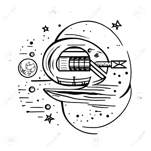 A minimalist tattoo of a telescope pointing towards a coffee mug on the moon tattoo design idea