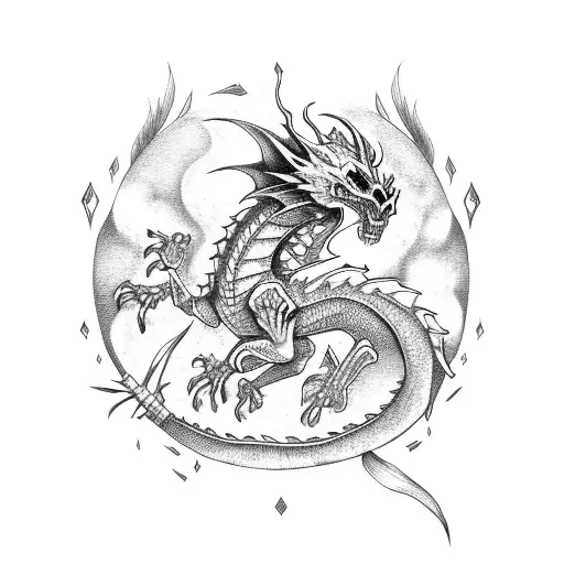 dragon, skeleton fire horse, castle, fire, moon tattoo design idea