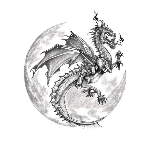 dragon, skeleton fire horse, castle, fire, moon tattoo design idea