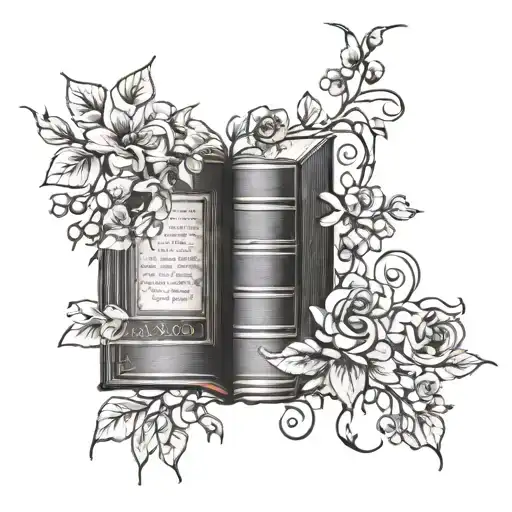 An elegant blackwork tattoo of a vintage book with flowers cascading down the spine tattoo design idea
