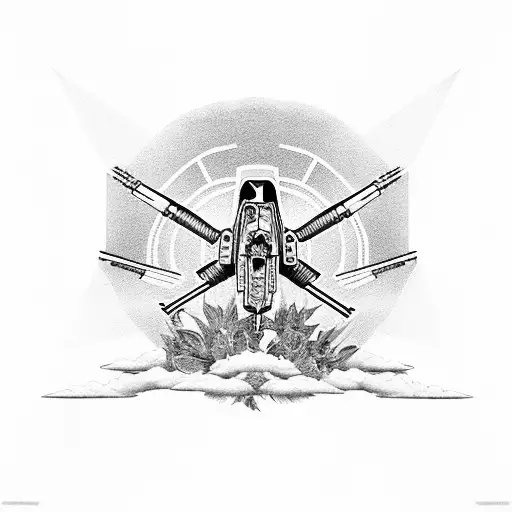 X Wing Fighter and flowers tattoo design idea