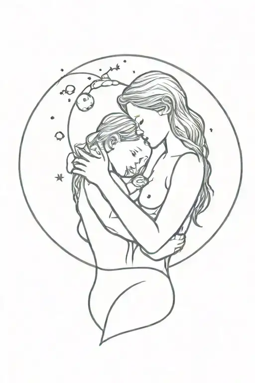mother baby embrace earth celestial  tattoo design idea