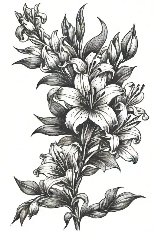 lily, rose, and gladiolus flower bouquet tattoo design idea