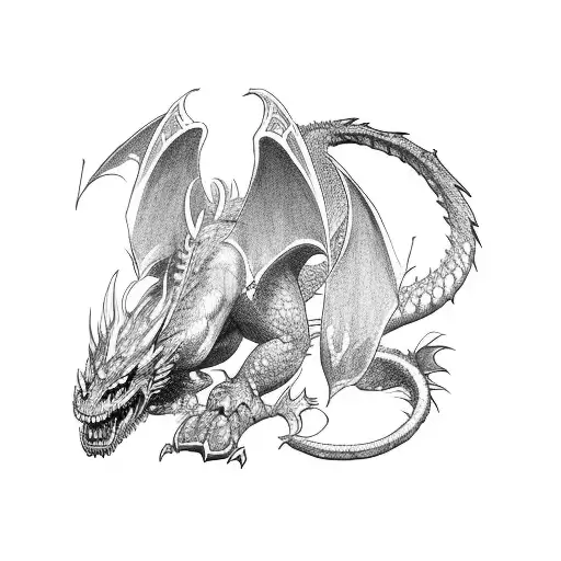 A Norse mythology-inspired gaming character battling a dragon with a pen tattoo design idea