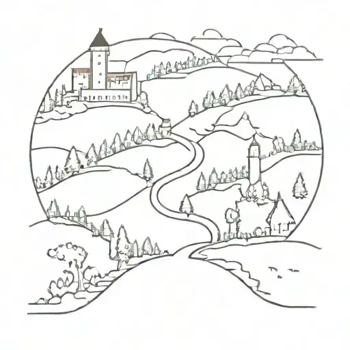 A minimalist tattoo of a winding path through a forest leading to a European castle, combining your love for hiking and exploring historic landmarks tattoo design idea