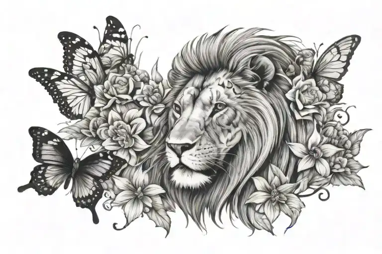 LION FACE LOOKING THROUGH A GARDING OF FLOWERS WITH BUTTERFLY FLYING AROUND tattoo design idea
