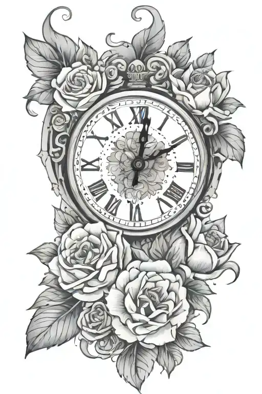 heart,clock, black girl face and flowers blooming tattoo design idea
