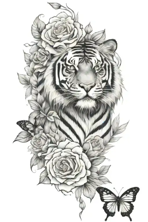TIGER,LION,FLOWERS AND BUTTERFLY AND ROSES tattoo design idea