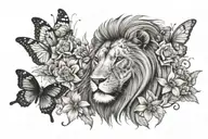 LION FACE LOOKING THROUGH A GARDING OF FLOWERS WITH BUTTERFLY FLYING AROUND tattoo design idea