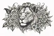 LION FACE LOOKING THROUGH A GARDING OF FLOWERS WITH BUTTERFLY FLYING AROUND tattoo design idea