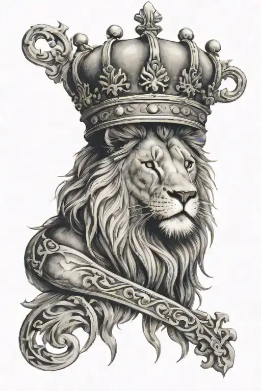 lion wearing a crown looking down on 3 crosses   tattoo design idea