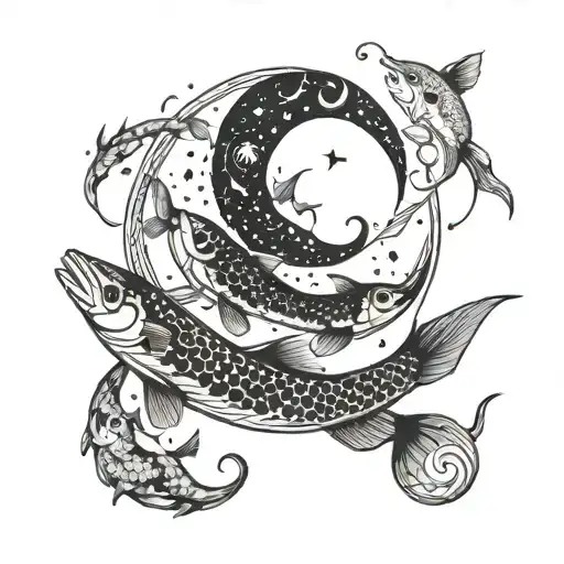 An intricate blackwork tattoo of a school of fish swimming under a crescent moon, with Pisces constellation subtly incorporated tattoo design idea