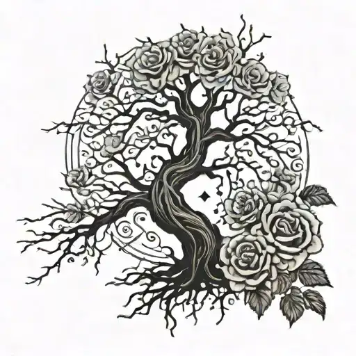 Large tree with alive branches on the front and dead branches along the back with roses going down the arm in a sleeve  tattoo design idea