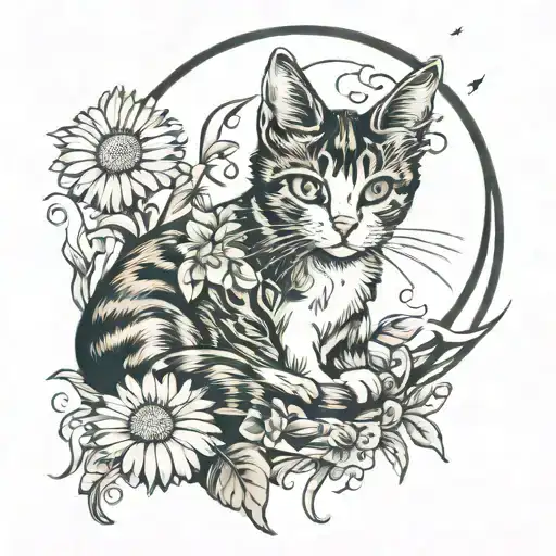 daisy flowers moon and cat sitting tattoo design idea